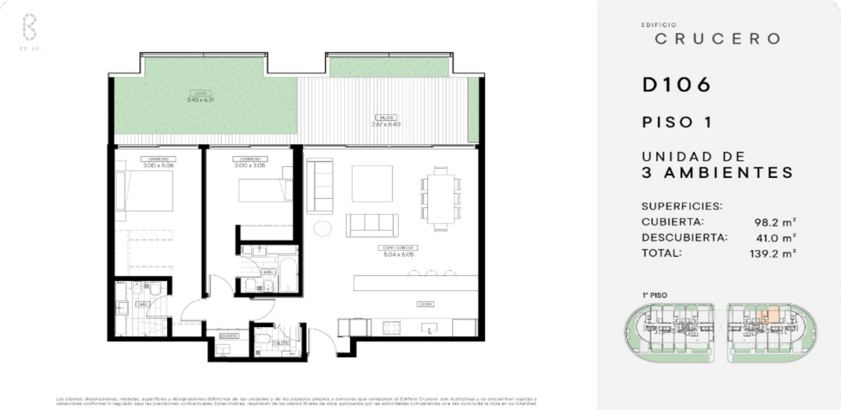 Plano de 3 ambientes con terraza