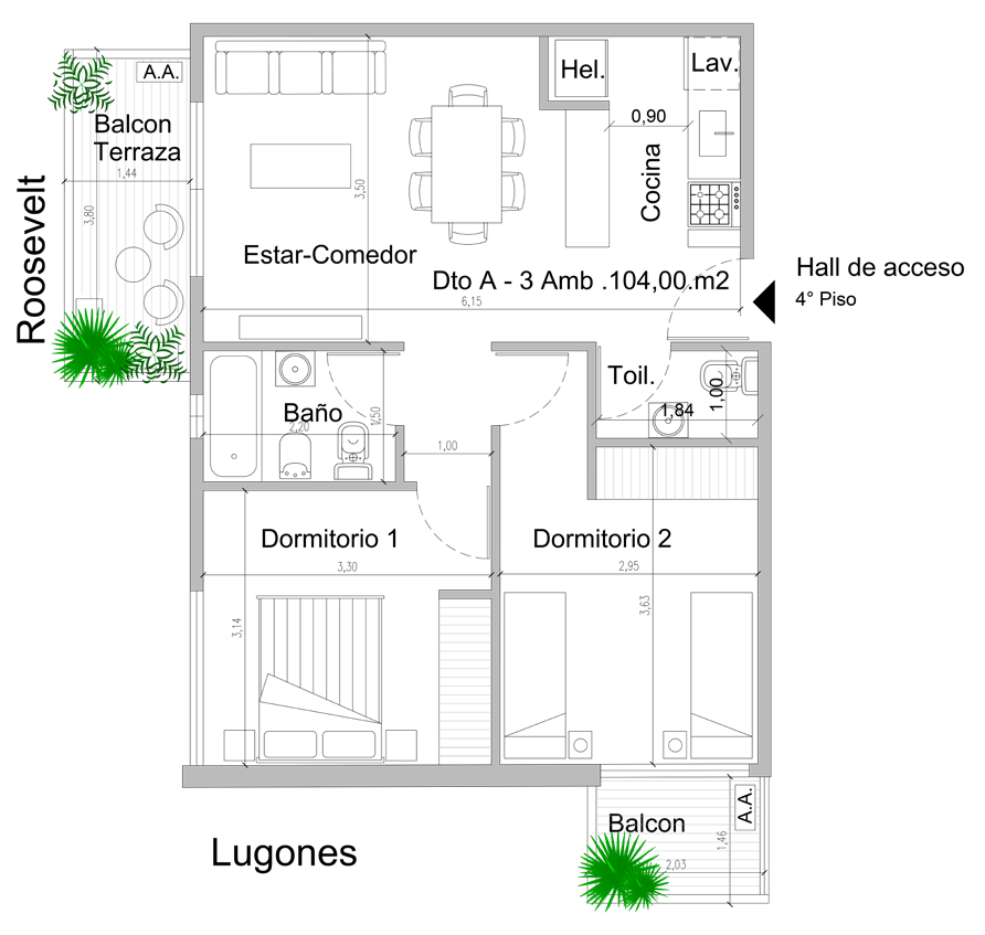 Plano de 3 ambientes 4°A con terraza propia