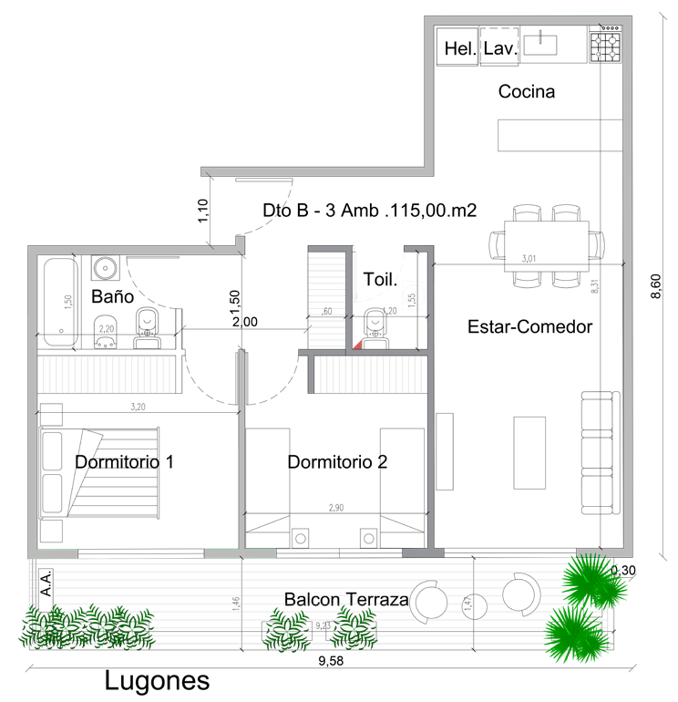 Plano de 3 ambientes 4°B con terraza propia