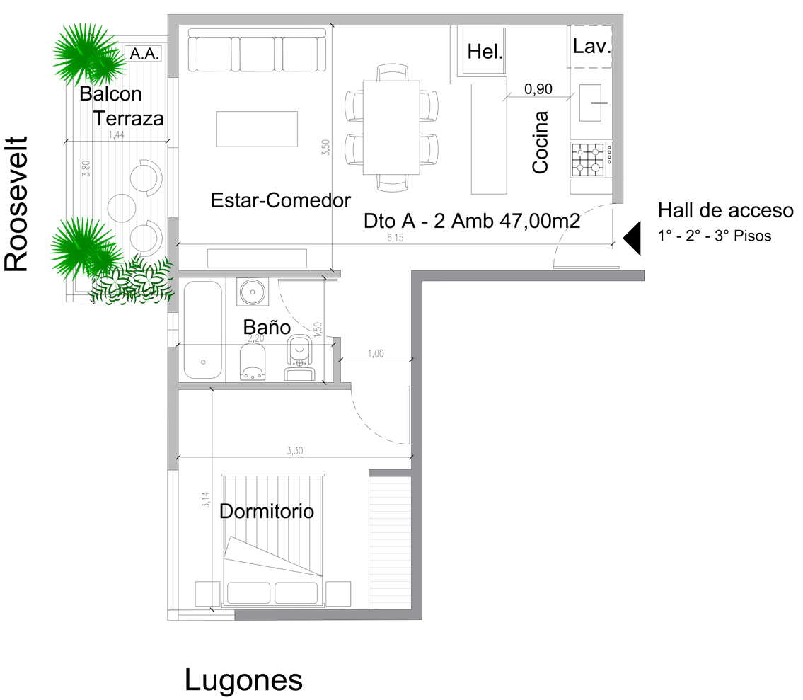 Plano de 2 ambientes al frente