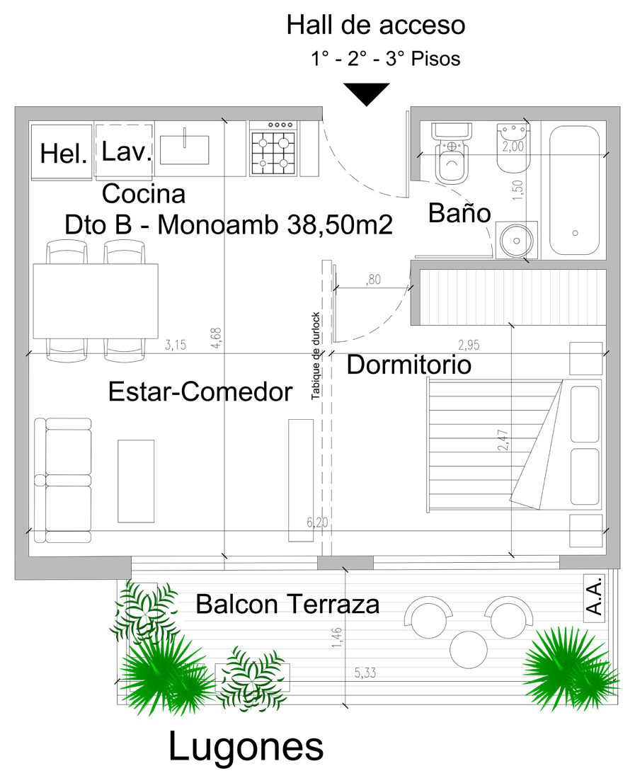 Plano de Monoambiente divisible