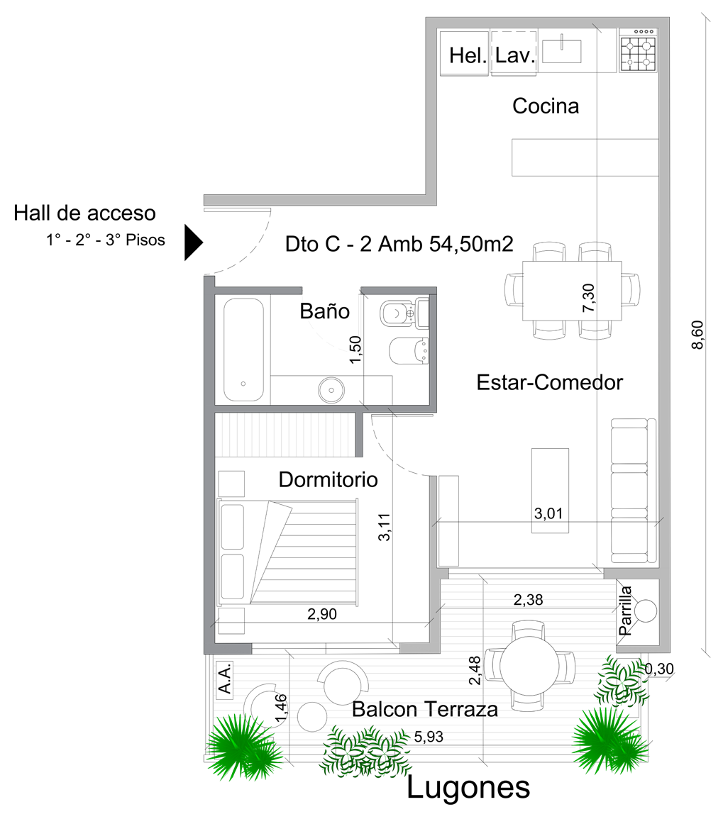Plano de 2 ambientes con balcón terraza y parrilla
